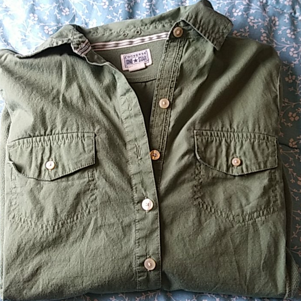 Green button down Converse shirt. Long sleeved